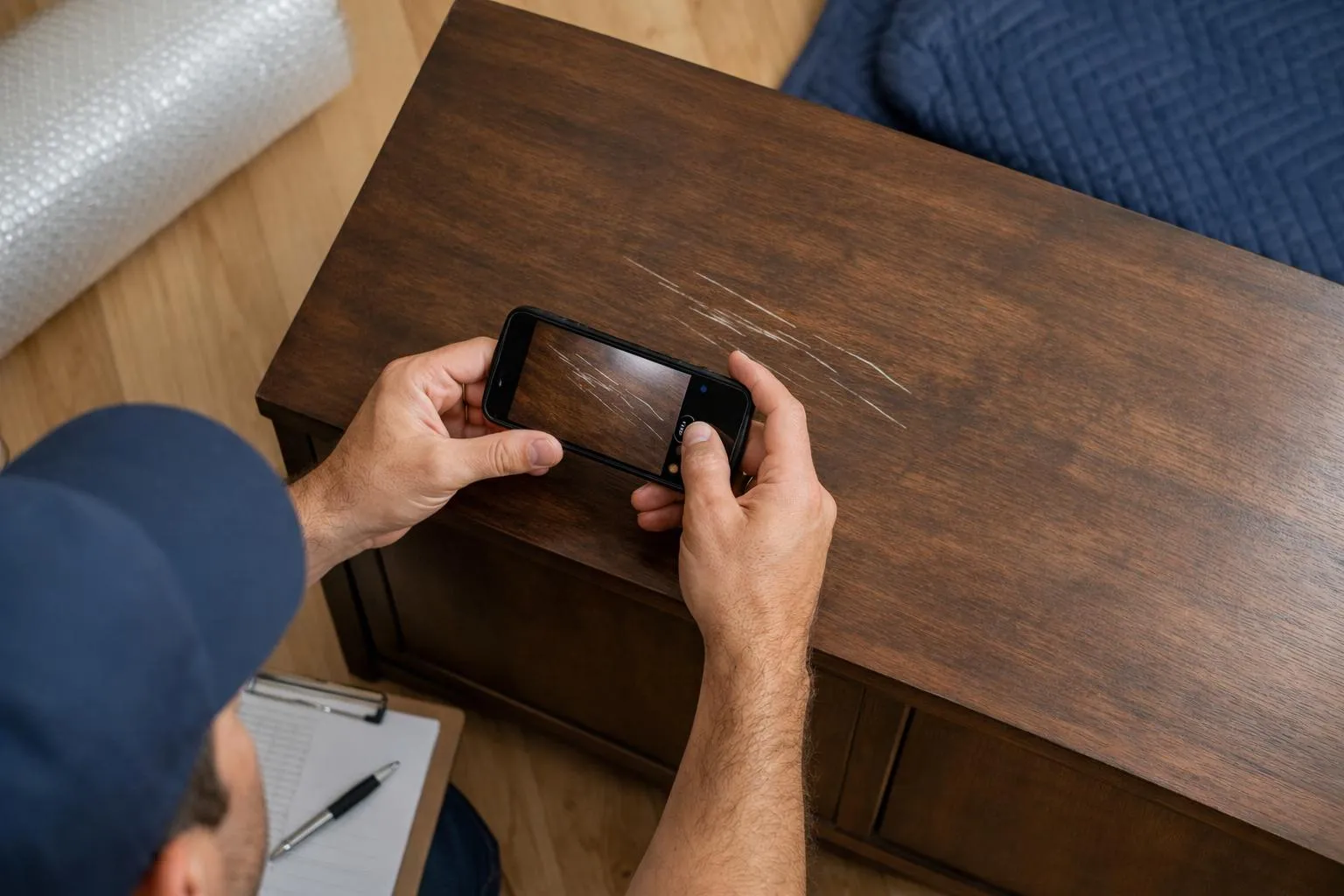 Mains tenant un téléphone portable sur une table en bois.