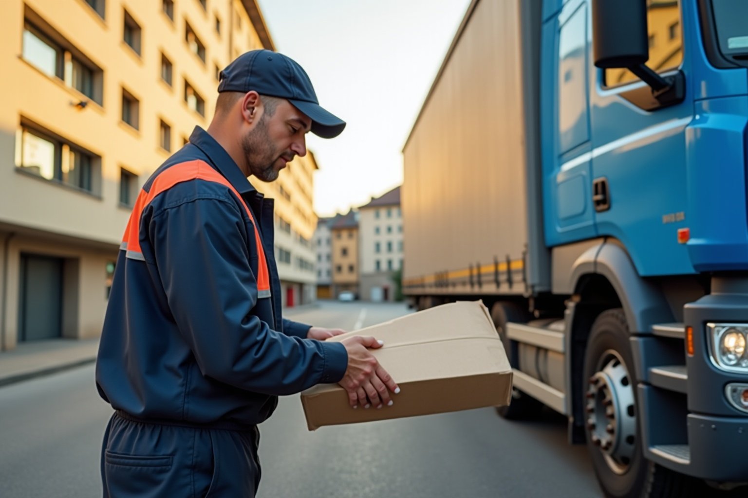 Livreur en uniforme transportant un colis près d'un camion de livraison.