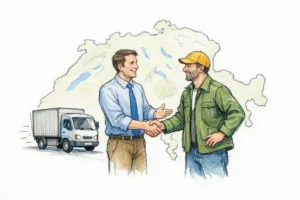 Dessin esquissé amical de deux personnes concluant un accord de sous-traitance transport suisse, avec un camion.