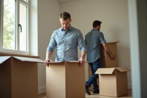 Problèmes courants de déménagement pour les PME, homme d'affaires inquiet face à des cartons ouverts
