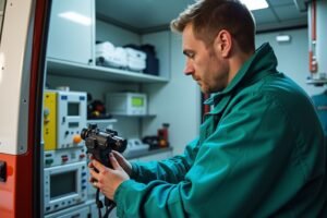 Transport spécialisé d'équipement médical en Suisse, technicien médical en action dans une ambulance.
