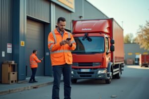 Transport de marchandises dangereuses en petits volumes : un livreur vérifie les documents de transport au téléphone près d'u
