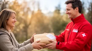 Transport sécurisé de documents importants en Suisse, un agent postal remet un colis sécurisé à un client.