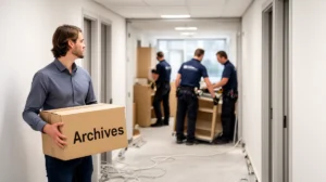 "Guide déménagement bureau réussi : un employé observe l'équipe de déménageurs déplacer les équipements"