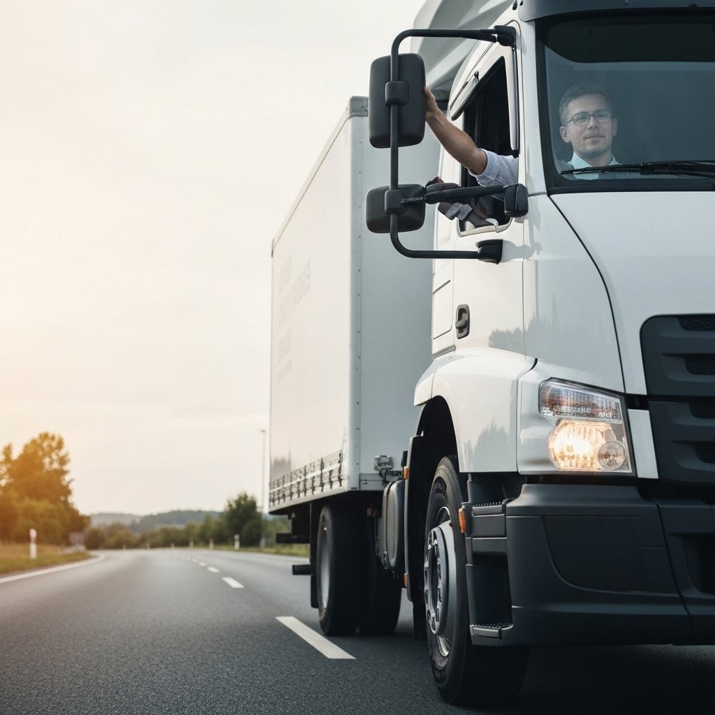 Chauffeur professionnel au volant d'un camion moderne sur une route suisse, montrant un environnement de travail dynamique et professionnel