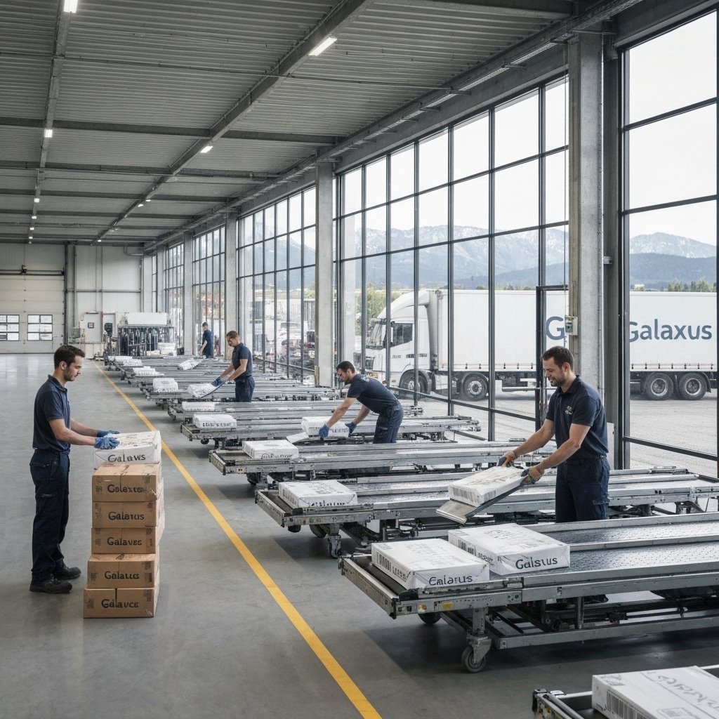 Centre logistique suisse moderne avec convoyeurs automatisés triant les colis, employés en uniforme scannant les paquets, Alpes suisses visibles par les fenêtres, camions de livraison chargés de colis Galaxus, style documentaire photorealiste montrant des opérations efficaces.