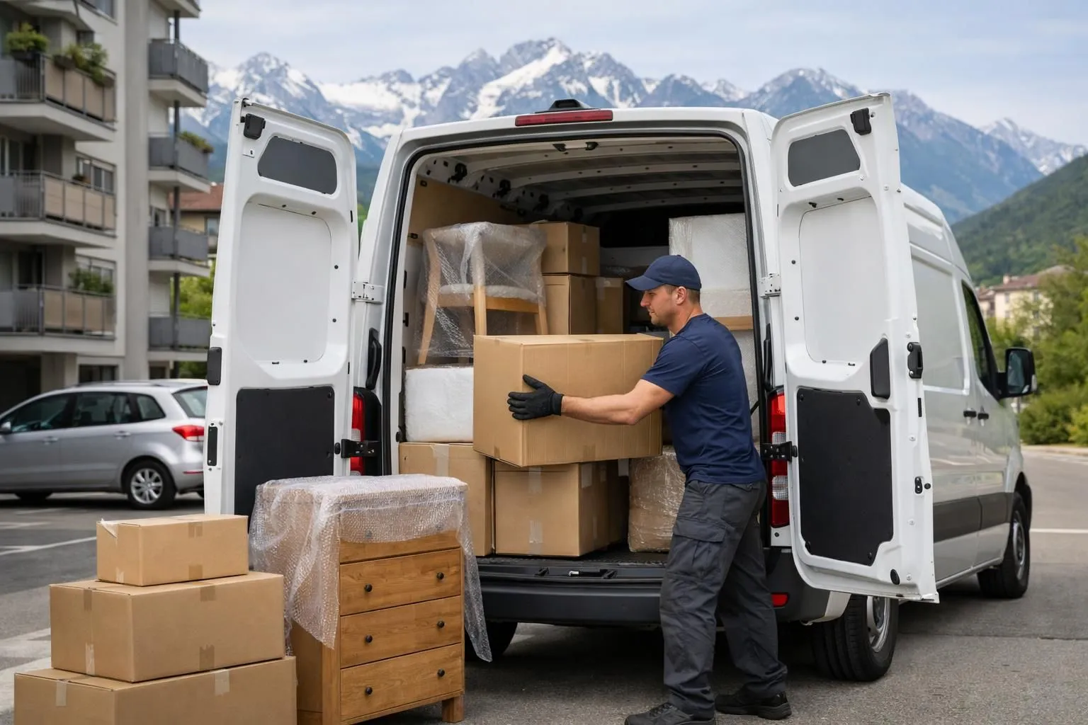 Un livreur professionnel charge avec soin des meubles et boîtes emballés dans un van blanc moderne, dans un quartier urbain suisse avec des rues propres et des montagnes alpines en arrière-plan.