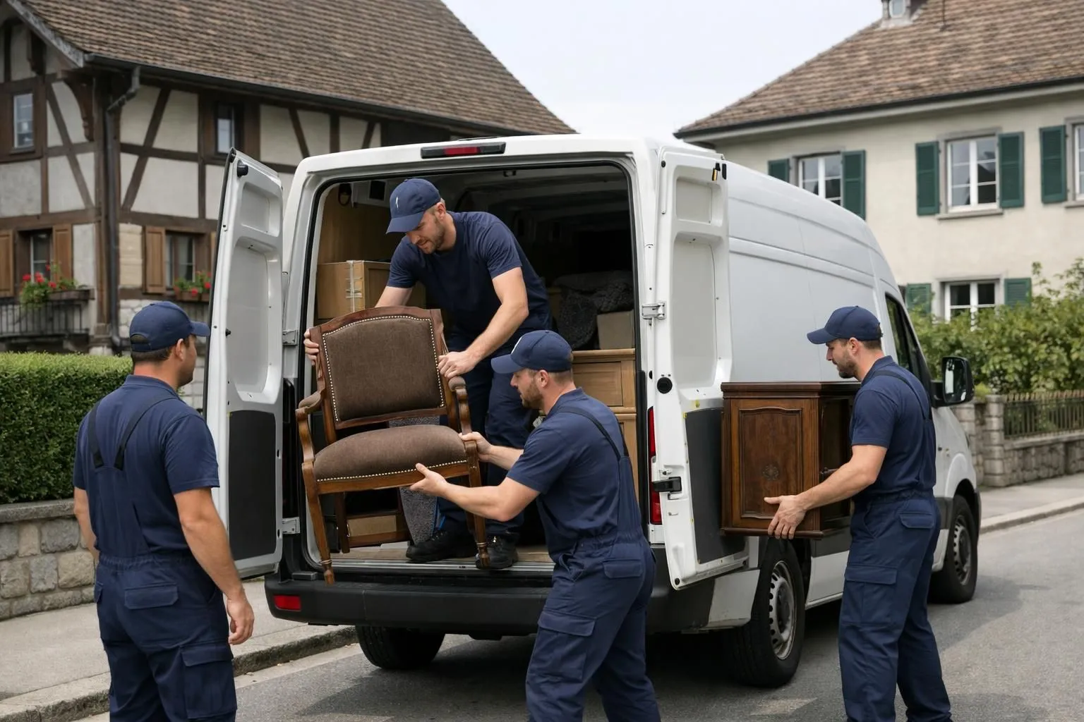 Des déménageurs professionnels en tenue de travail décontractée chargent un ancien commode en bois et un fauteuil rembourré dans un fourgon blanc sur une rue résidentielle suisse avec une architecture traditionnelle en arrière-plan, scène de jour naturelle.