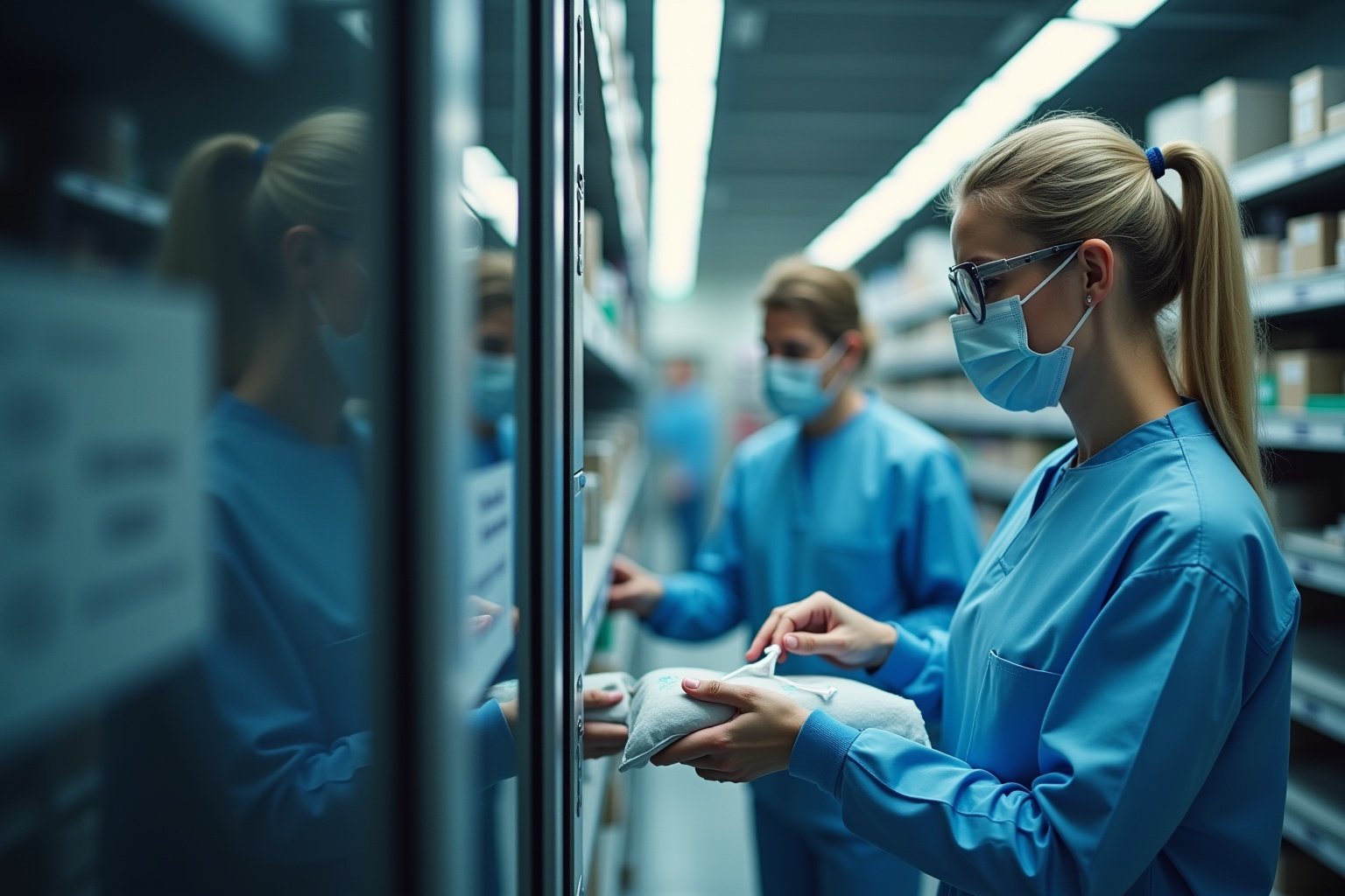 Personnels médicaux portant des équipements de protection dans un couloir d'hôpital.