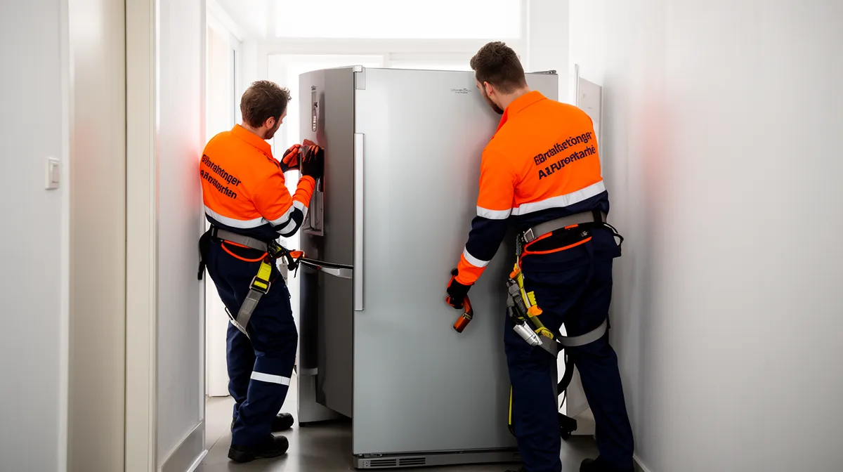 Deux techniciens en uniforme orange installent un réfrigérateur.