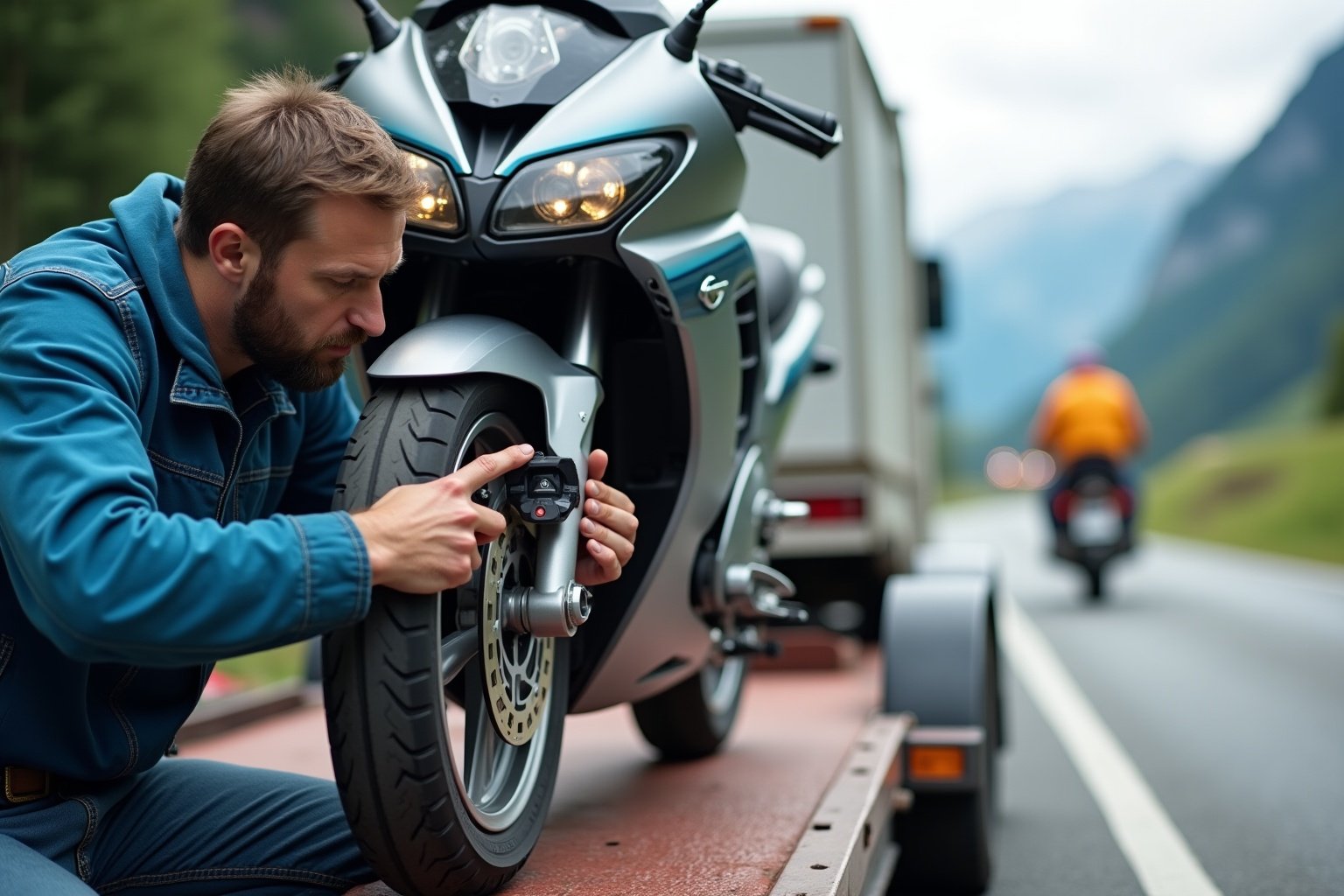 Homme réparant une moto sur la route.