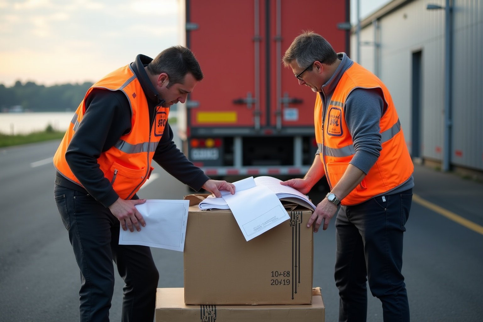 Deux travailleurs en vestes de sécurité orange inspectent un colis sur le quai.