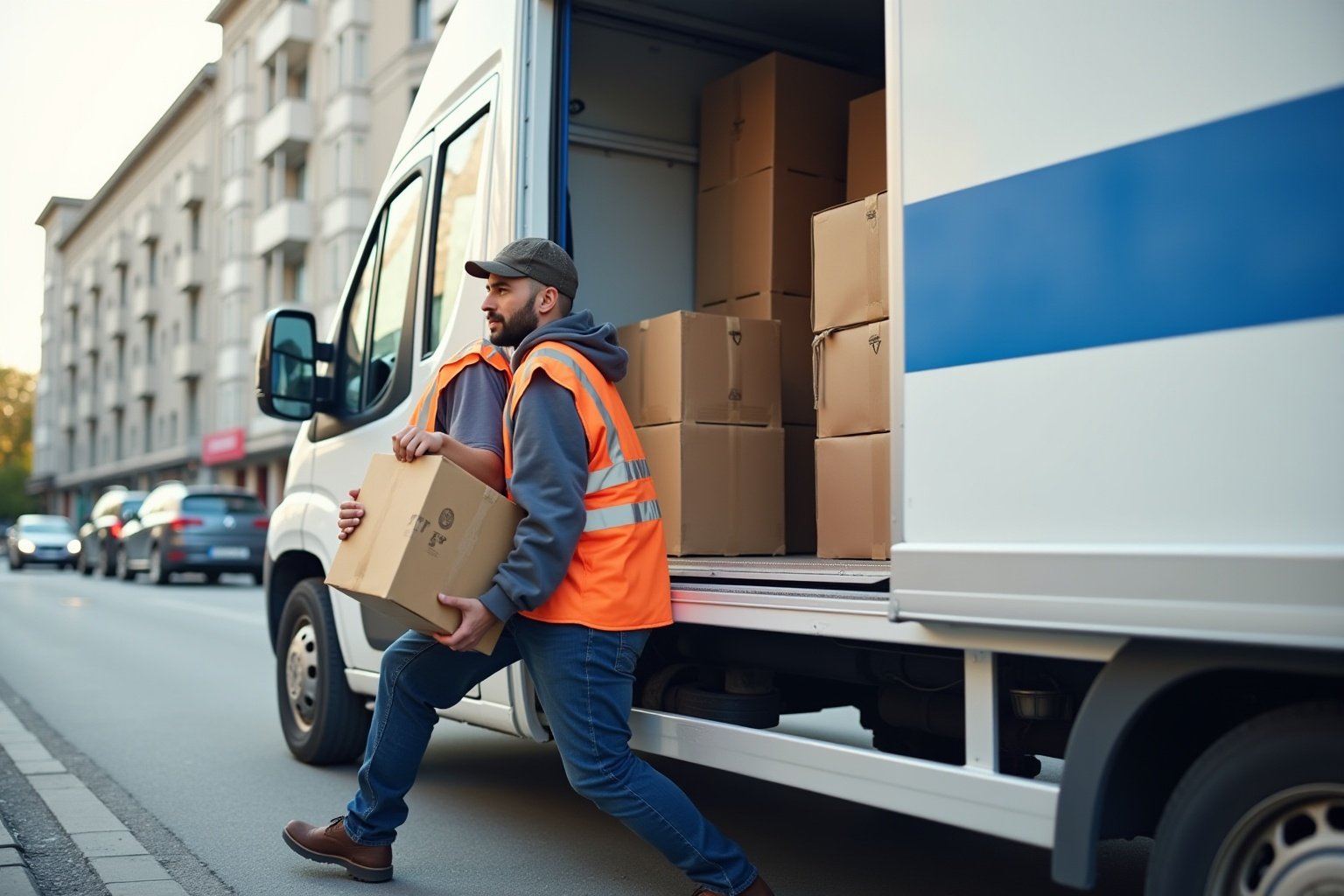 Livreur en uniforme de sécurité chargeant des boîtes dans un camion de livraison.