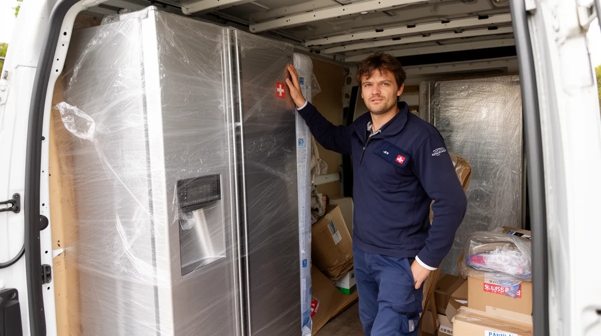 Homme en uniforme bleu transportant des colis dans un camion.