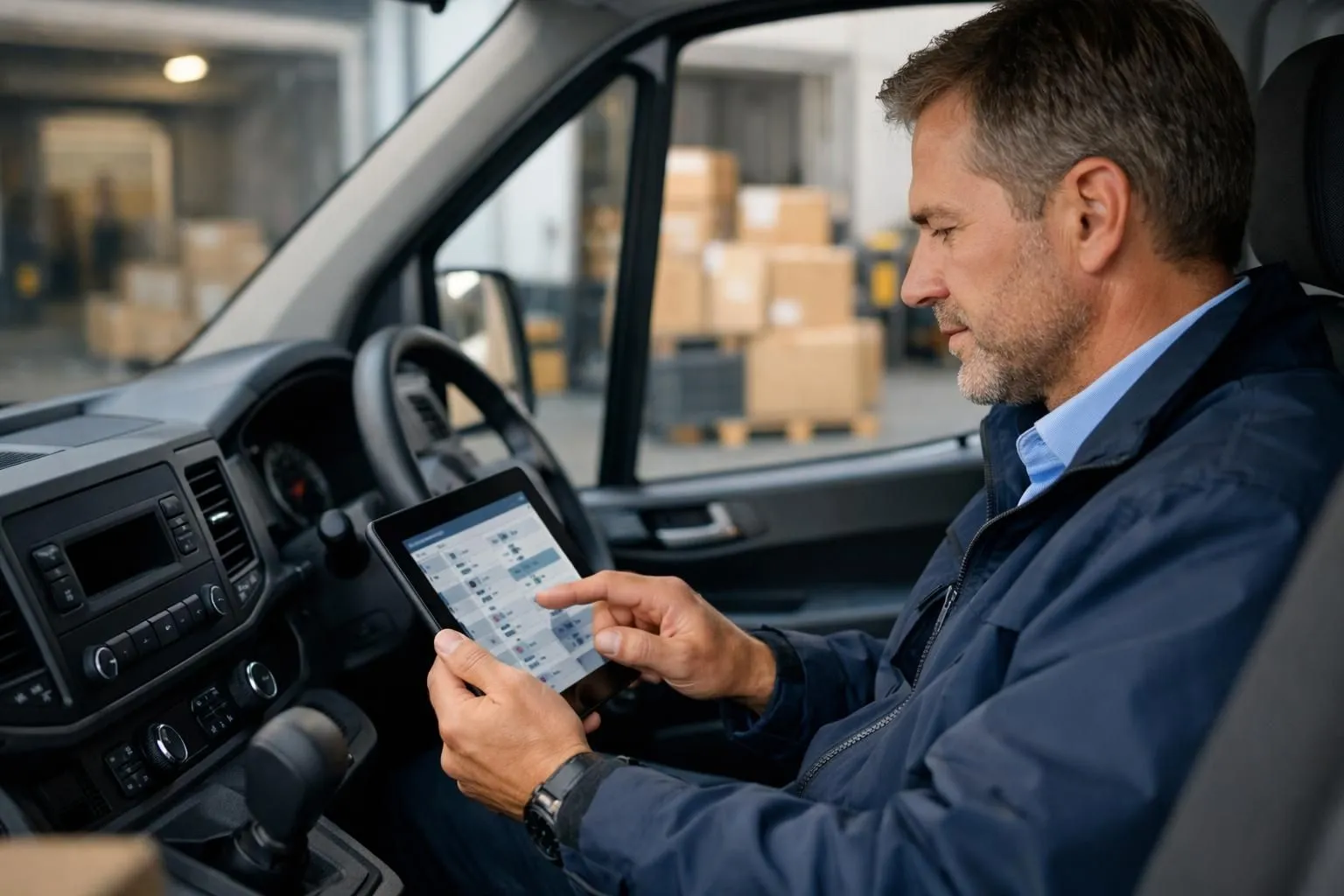 Un professionnel suisse de la logistique examine les horaires de livraison numériques sur une tablette dans un fourgon de livraison moderne, avec un quai de chargement et des colis organisés en arrière-plan.