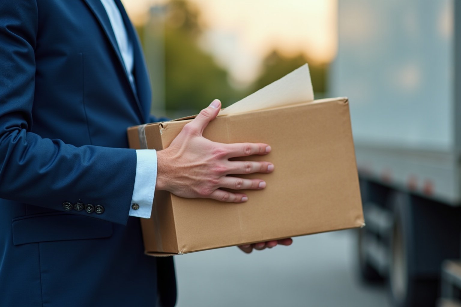 Homme d'affaires tenant un colis en carton.