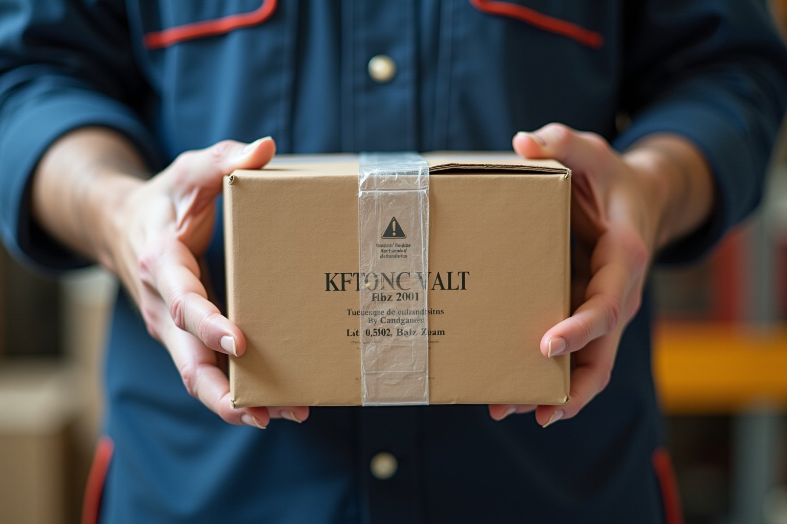 Boîte en carton brune avec étiquette "KFTNCVALT Fbz 2001" dans les mains d'une personne.