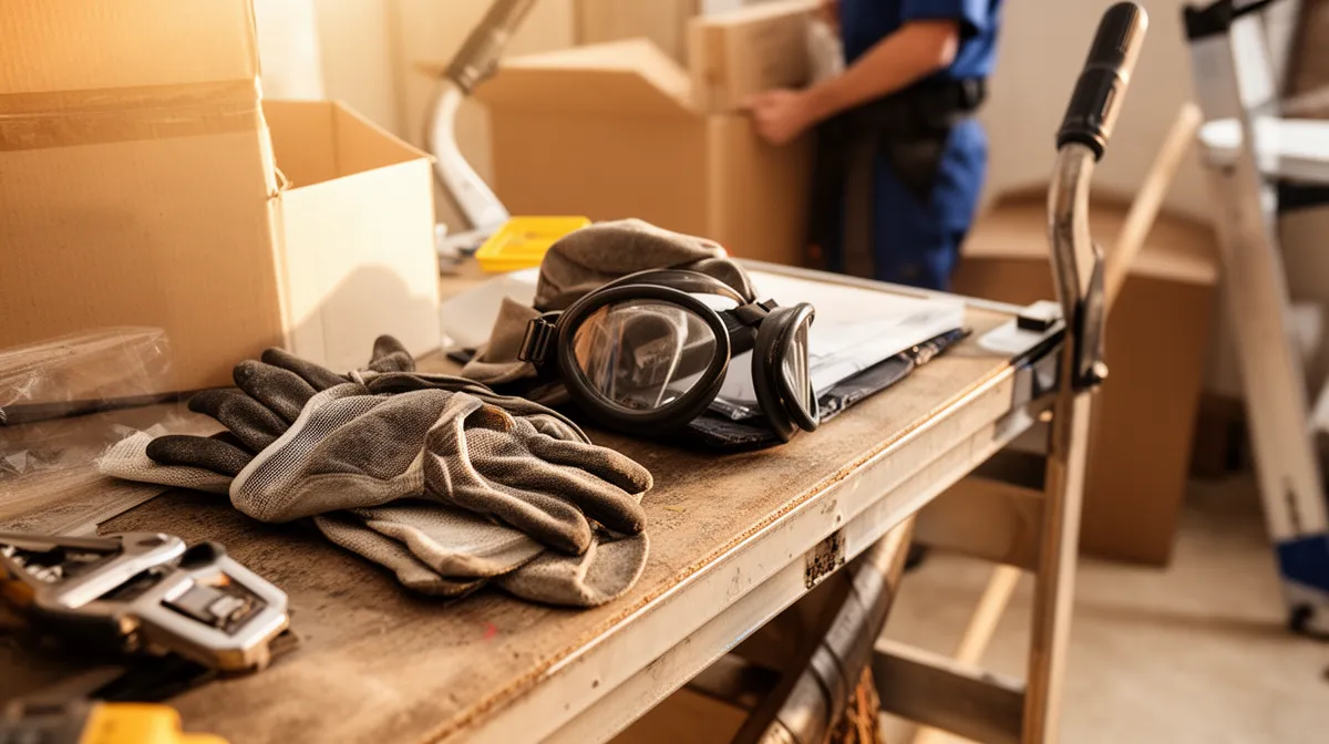 Outils et équipements de déménagement sur une étagère en bois.