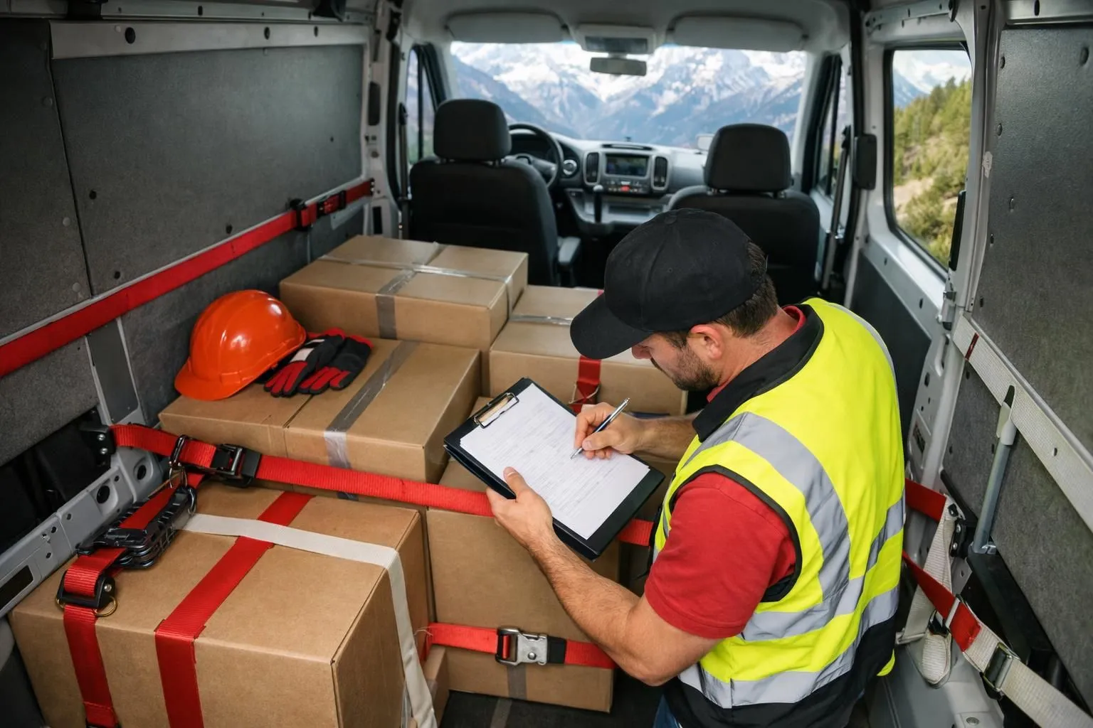 Livreur professionnel en gilet haute visibilité inspectant le chargement sécurisé dans un fourgon de livraison moderne, bloc-notes à la main, équipement de sécurité et sangles visibles, montagnes suisses à l'arrière-plan.