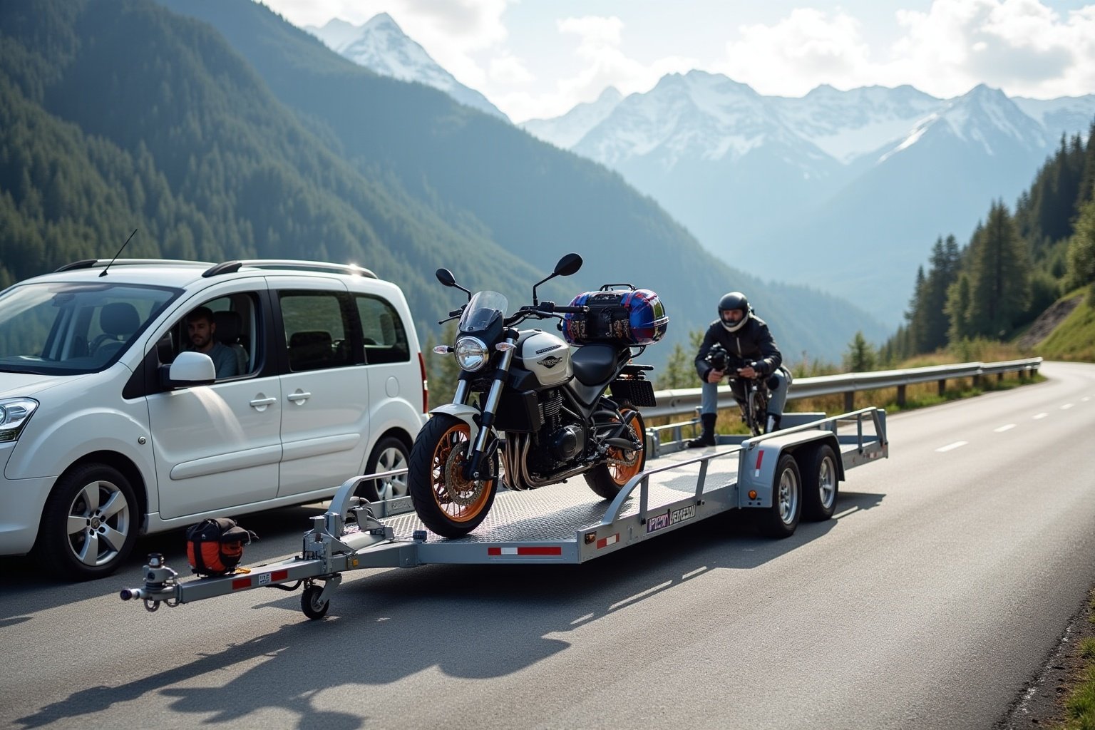 Moto sur remorque, voiture blanche, paysage montagneux, motard en équipement.