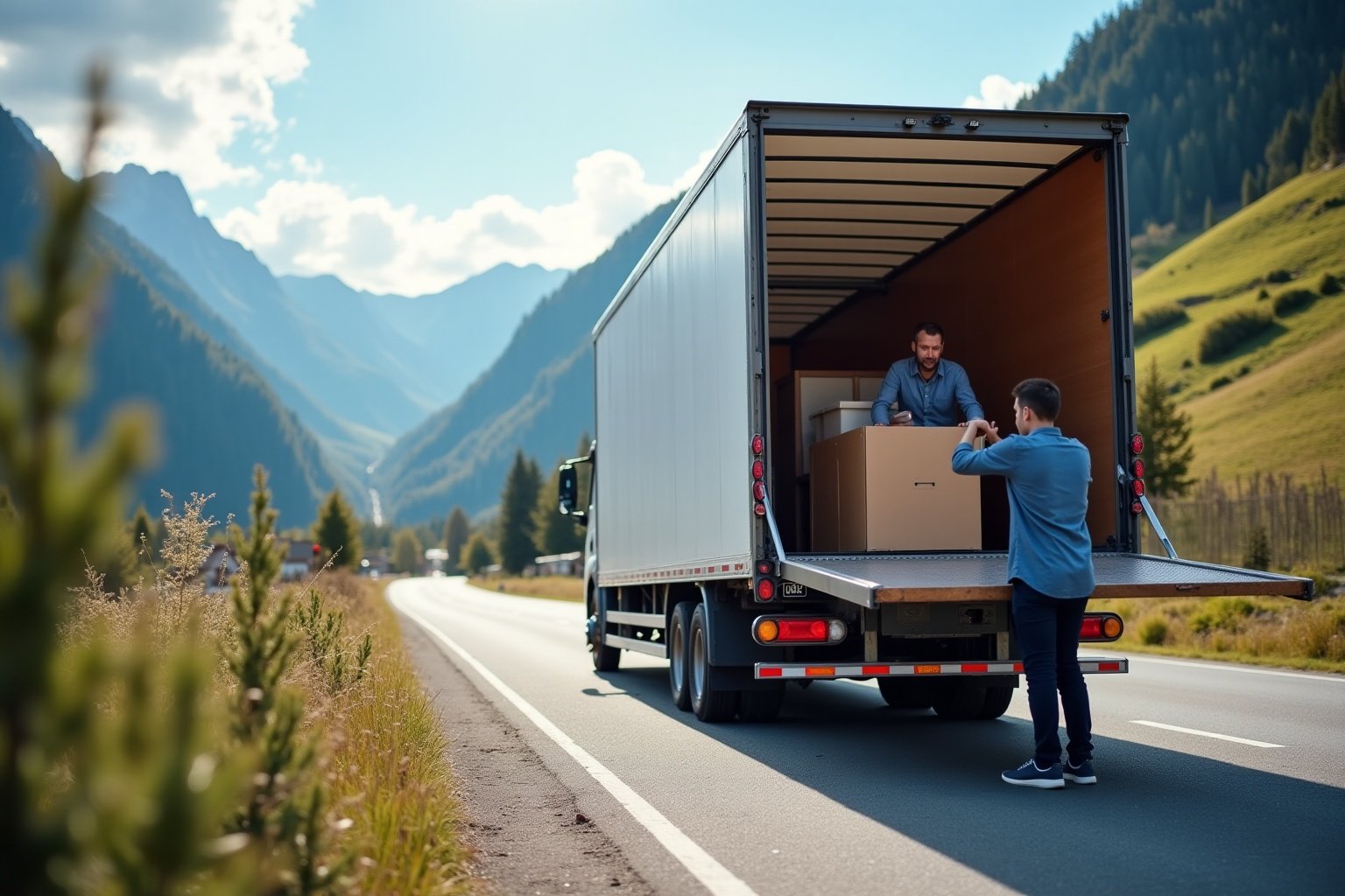 Deux hommes déchargeant des boîtes d'un camion dans un paysage montagneux.