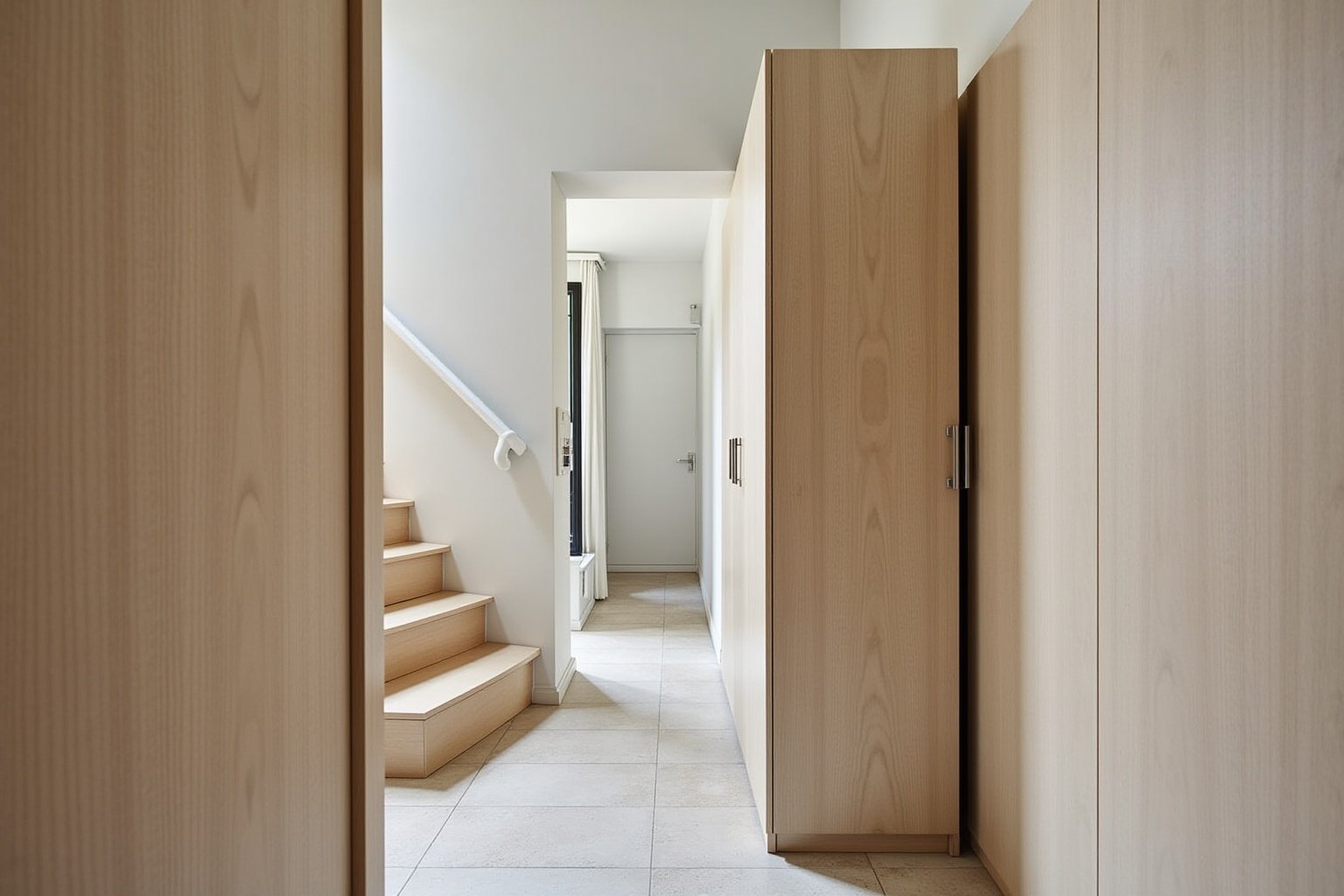 Couloir spacieux avec escalier en bois et armoires encastrées.
