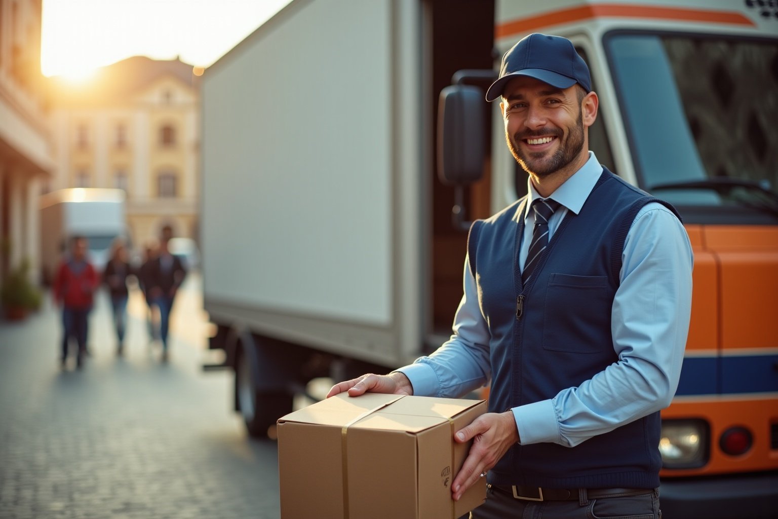 Livreur souriant tenant un colis devant un camion de livraison.