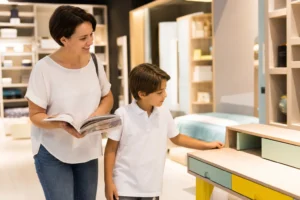 Mère et enfant choisissent un meuble de bureau pour la rentrée scolaire, anticiper l'aménagement de la chambre avec des meubl