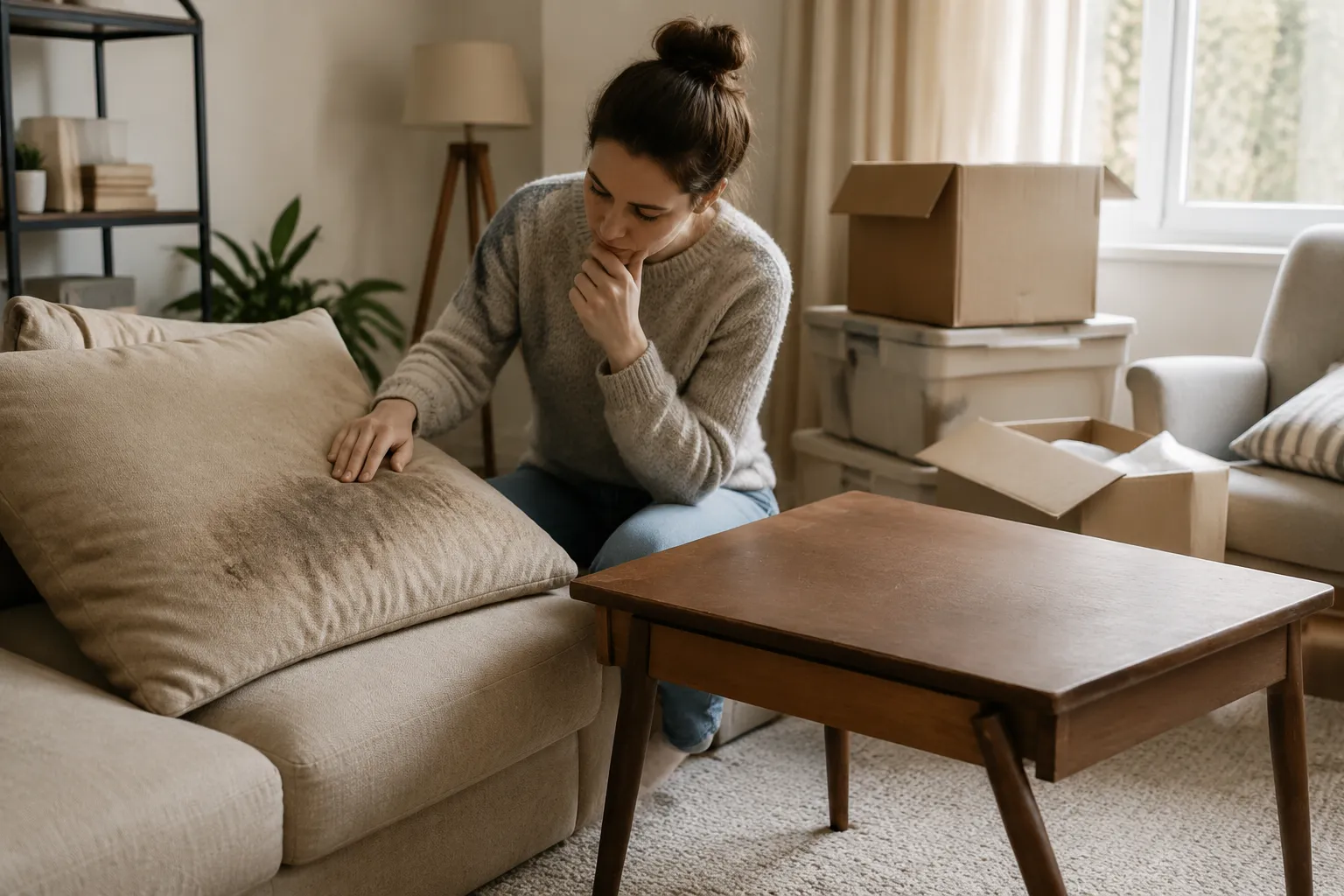 Femme pensive assise sur un canapé dans un salon encombré de boîtes.