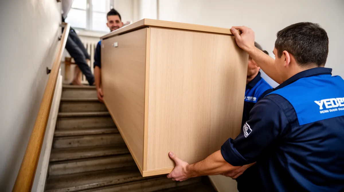 Deux déménageurs transportent une grande boîte en bois dans un escalier.