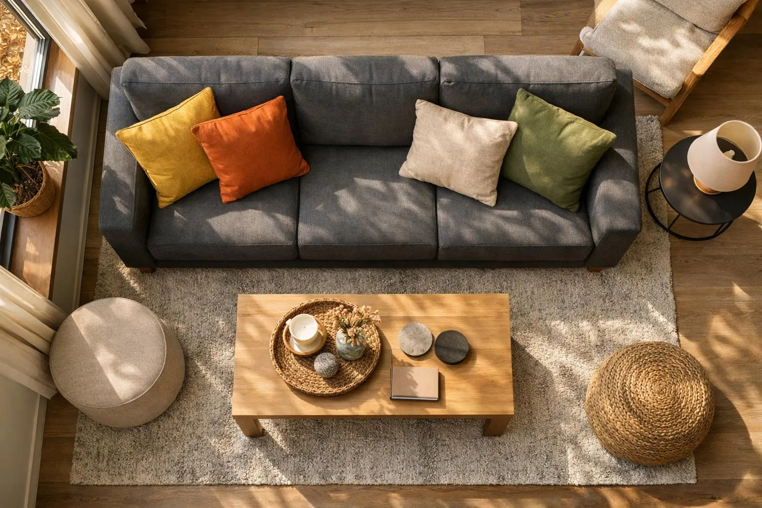 Salon confortable avec canapé gris, coussins colorés, table basse en bois et décoration zen.