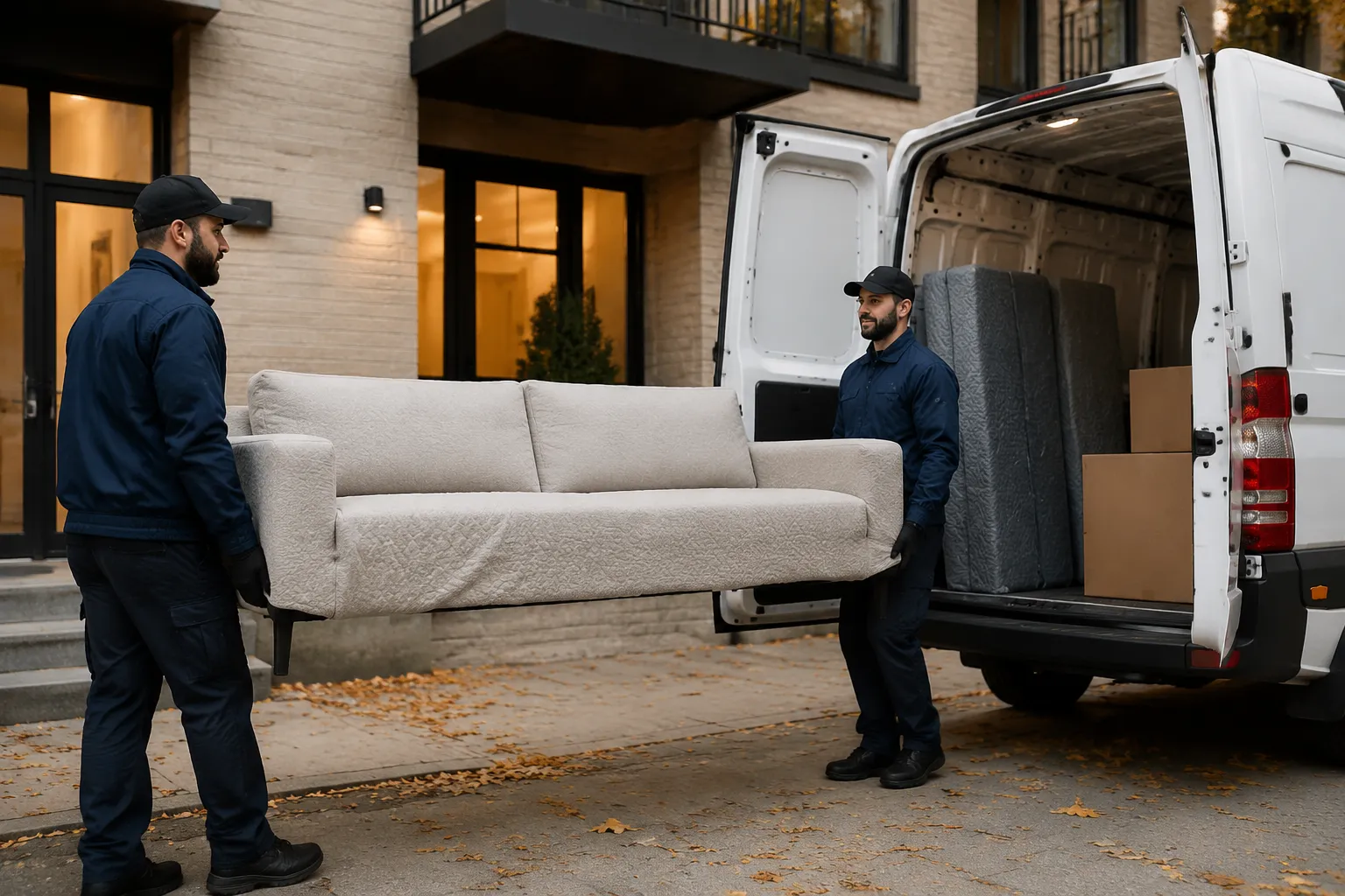 Deux déménageurs transportent un canapé dans un camion de déménagement.