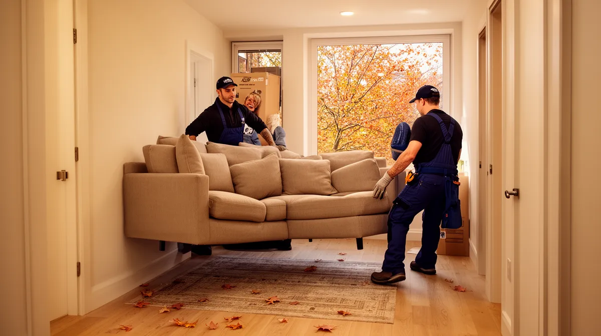 Déménageurs transportant un canapé dans un appartement avec vue sur l'automne.