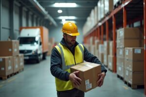 Gestion transport colis volumineux : agent de livraison sécurisé avec colis lourd en main dans une zone de stockage.