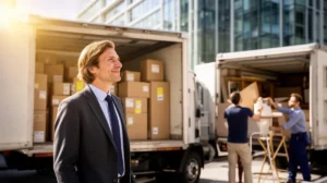 Quel camion pour déménager un bureau : homme d'affaire près d'un camion de déménagement