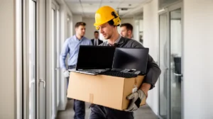 Transport de matériel informatique en entreprise : technicien sécurisant ordinateur et équipement dans un couloir de bureau.