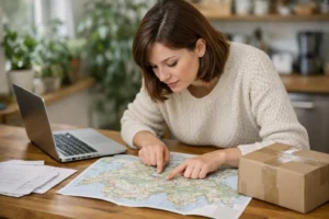 Femme vérifiant l'itinéraire de livraison sur une carte de Suisse pour optimiser les livraisons e-commerce