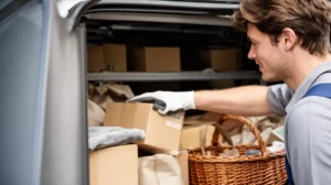 "Transport en fourgon pour marchandises variées : chargement de colis dans un véhicule de transport"