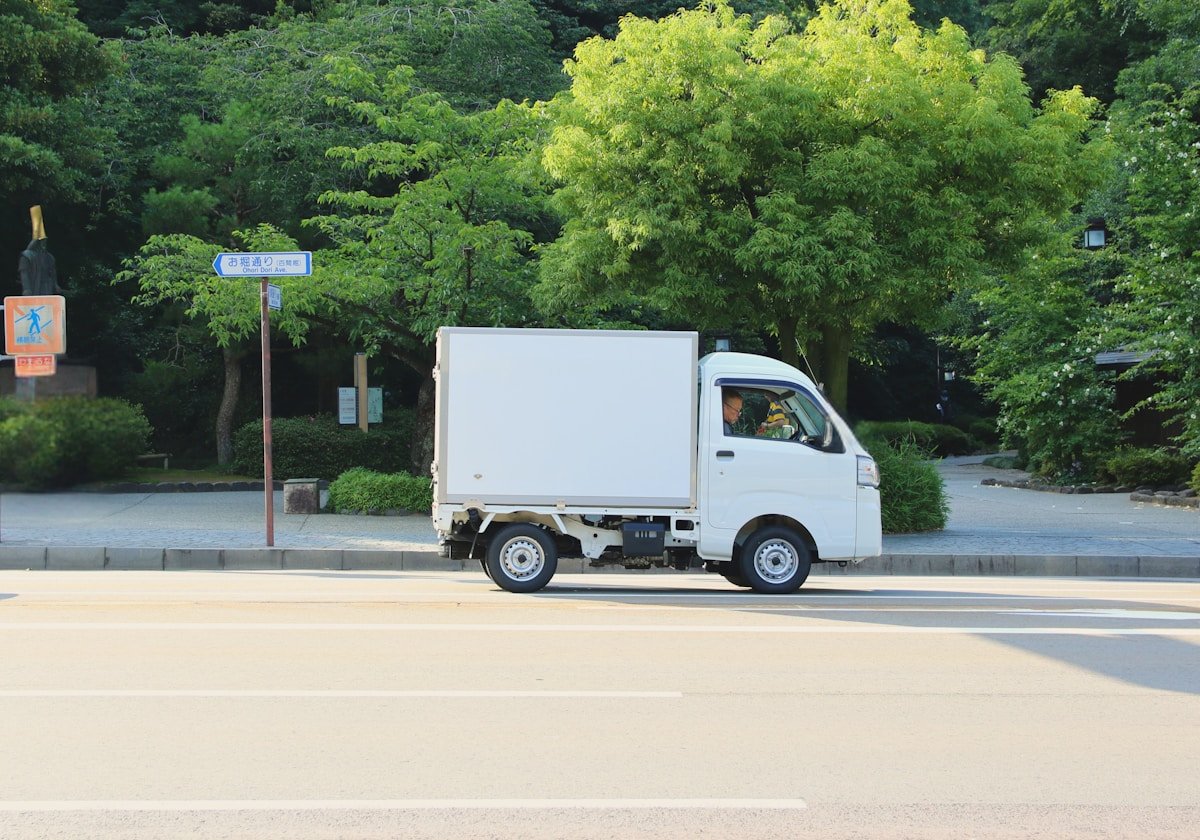 Camionnette blanche sur la route entourée d'arbres verts.