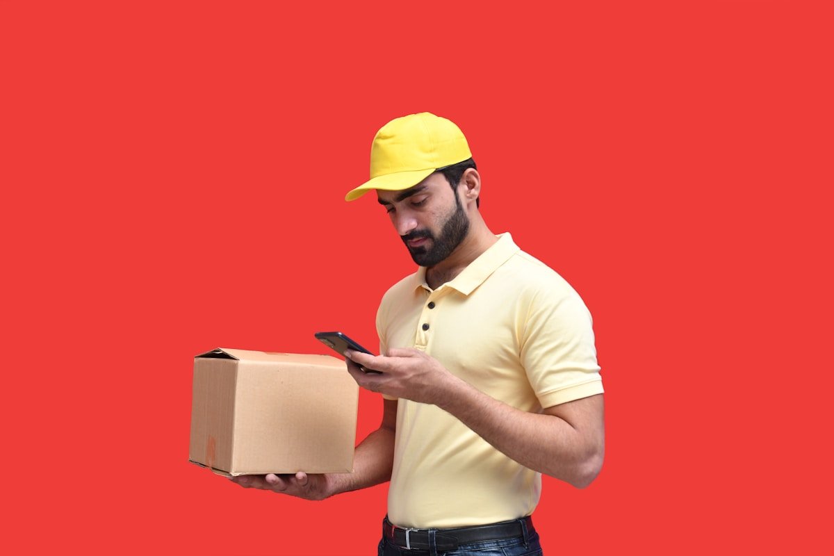 Livreur en uniforme jaune tenant un colis et un téléphone portable.