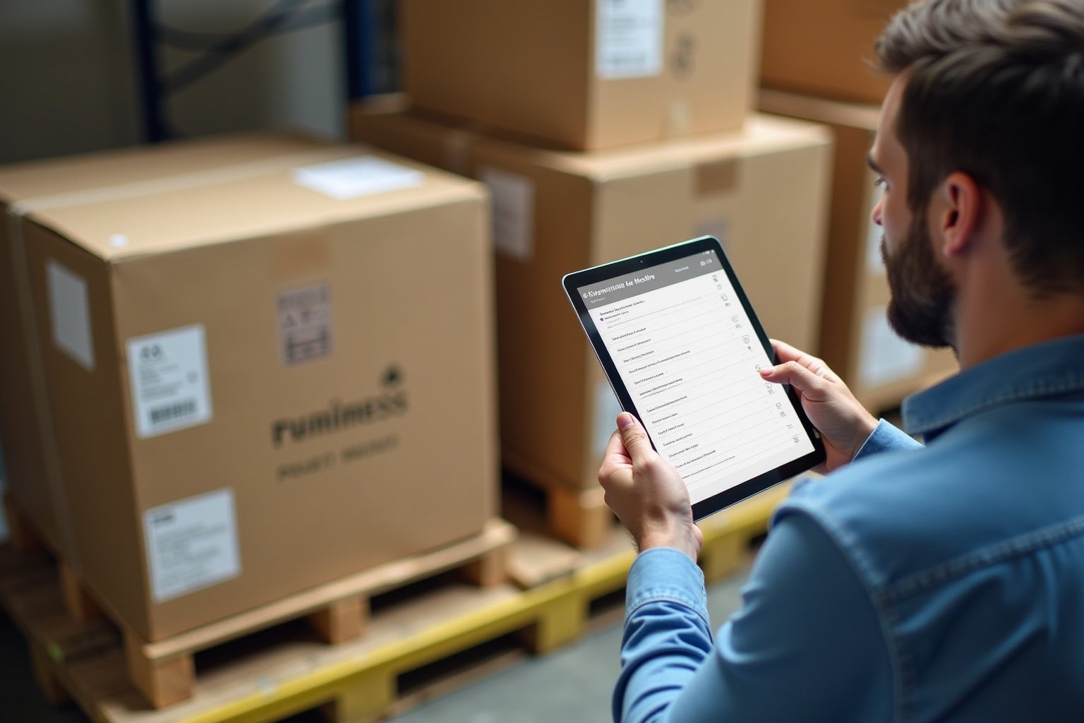 Homme vérifiant un inventaire sur une tablette numérique dans un entrepôt.
