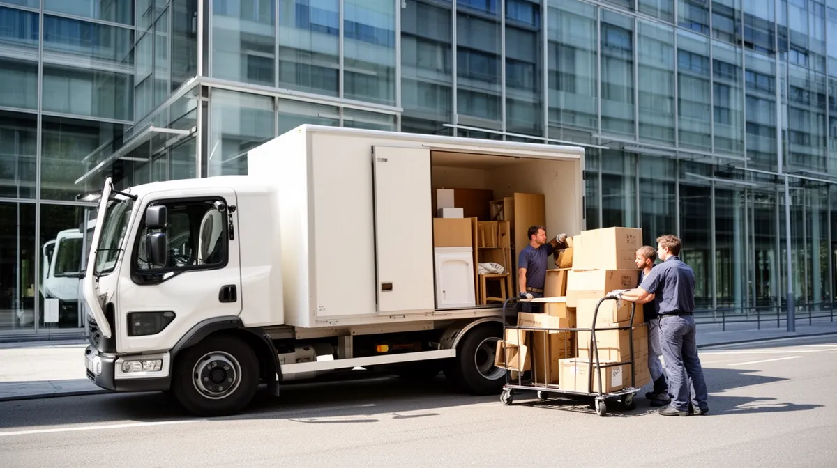 Camion de déménagement avec deux hommes chargeant des boîtes.
