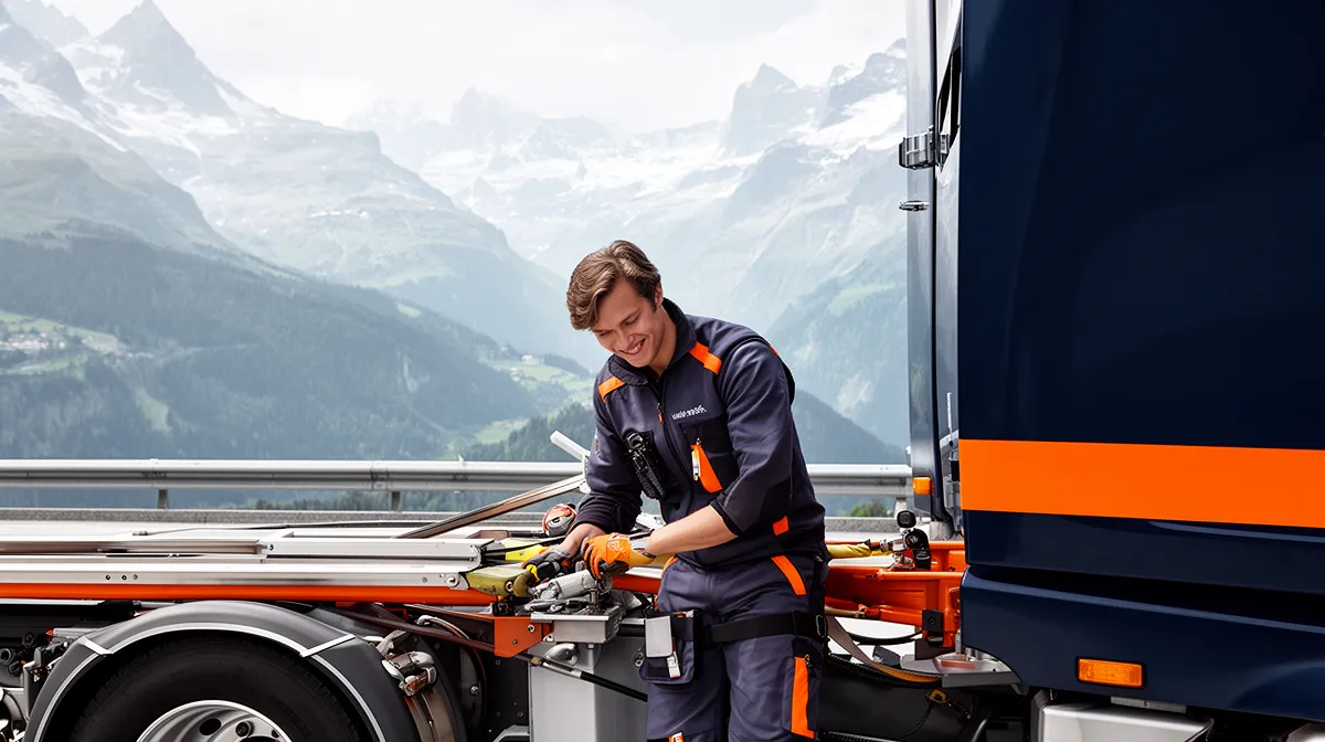 Mécanicien réparant le camion dans un paysage montagneux enneigé.