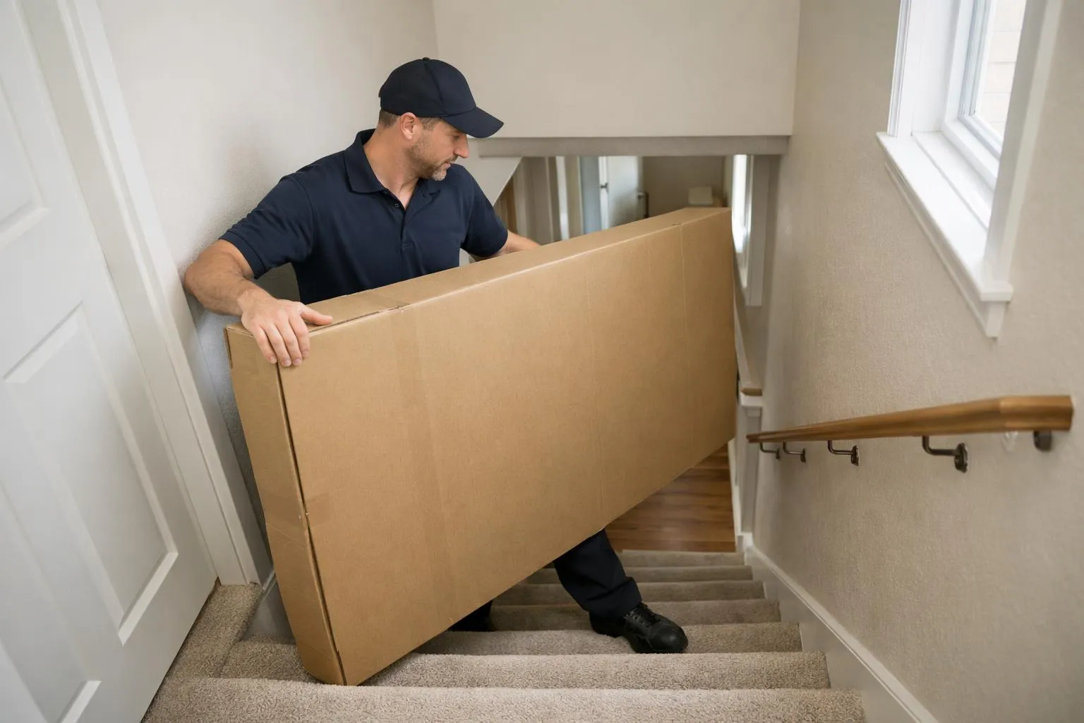 Homme en uniforme transportant une boîte en carton dans un escalier.