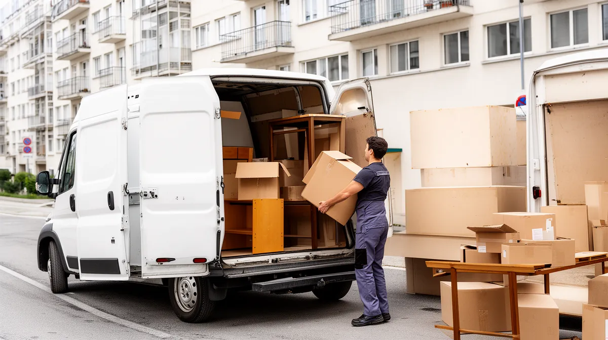 Déménagement de meubles et de boîtes dans un camion de livraison.
