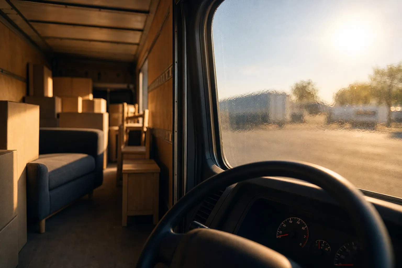 Intérieur d'un véhicule de transport avec vue sur le paysage extérieur.