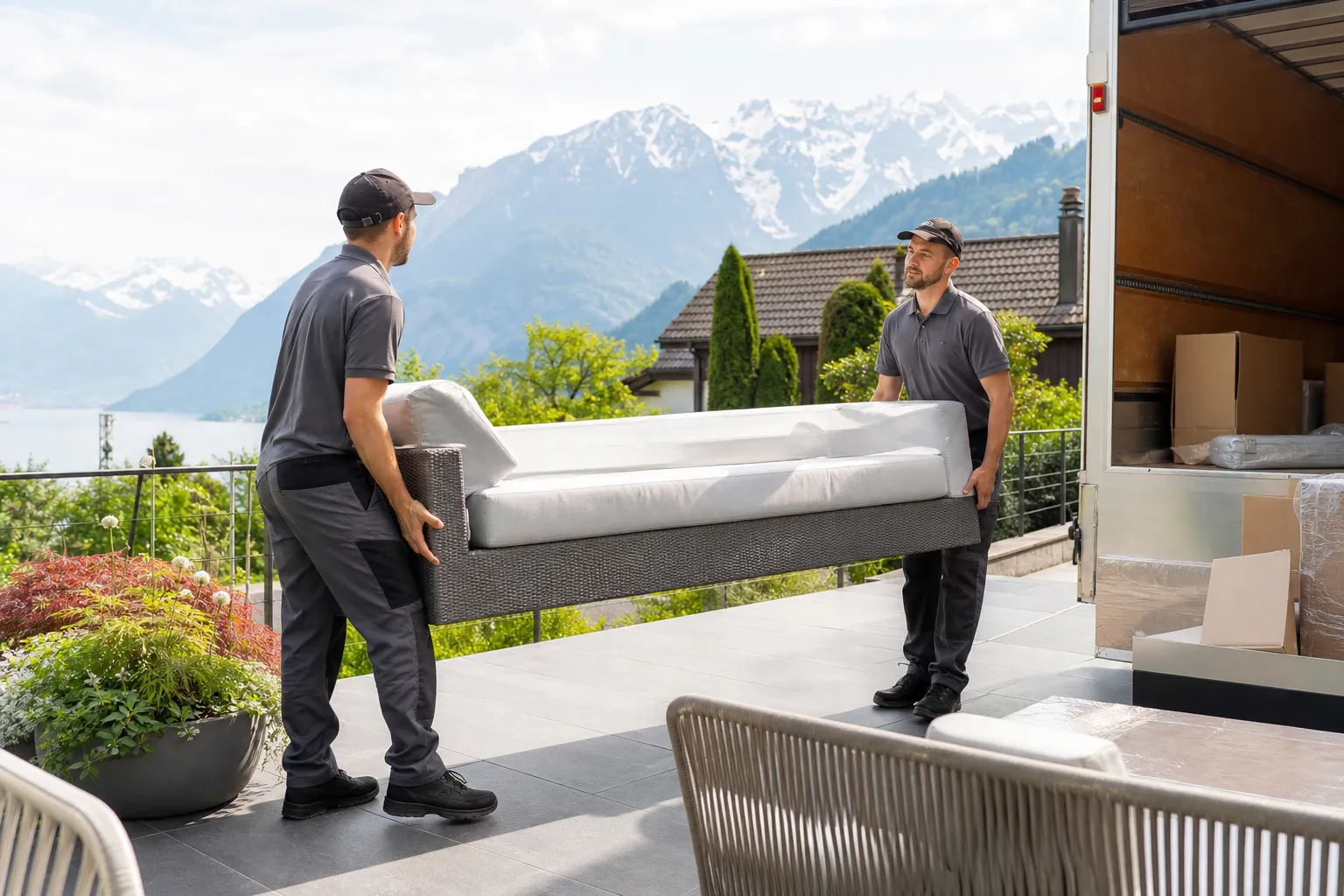 Deux déménageurs transportent un canapé sur un balcon avec vue sur les montagnes.