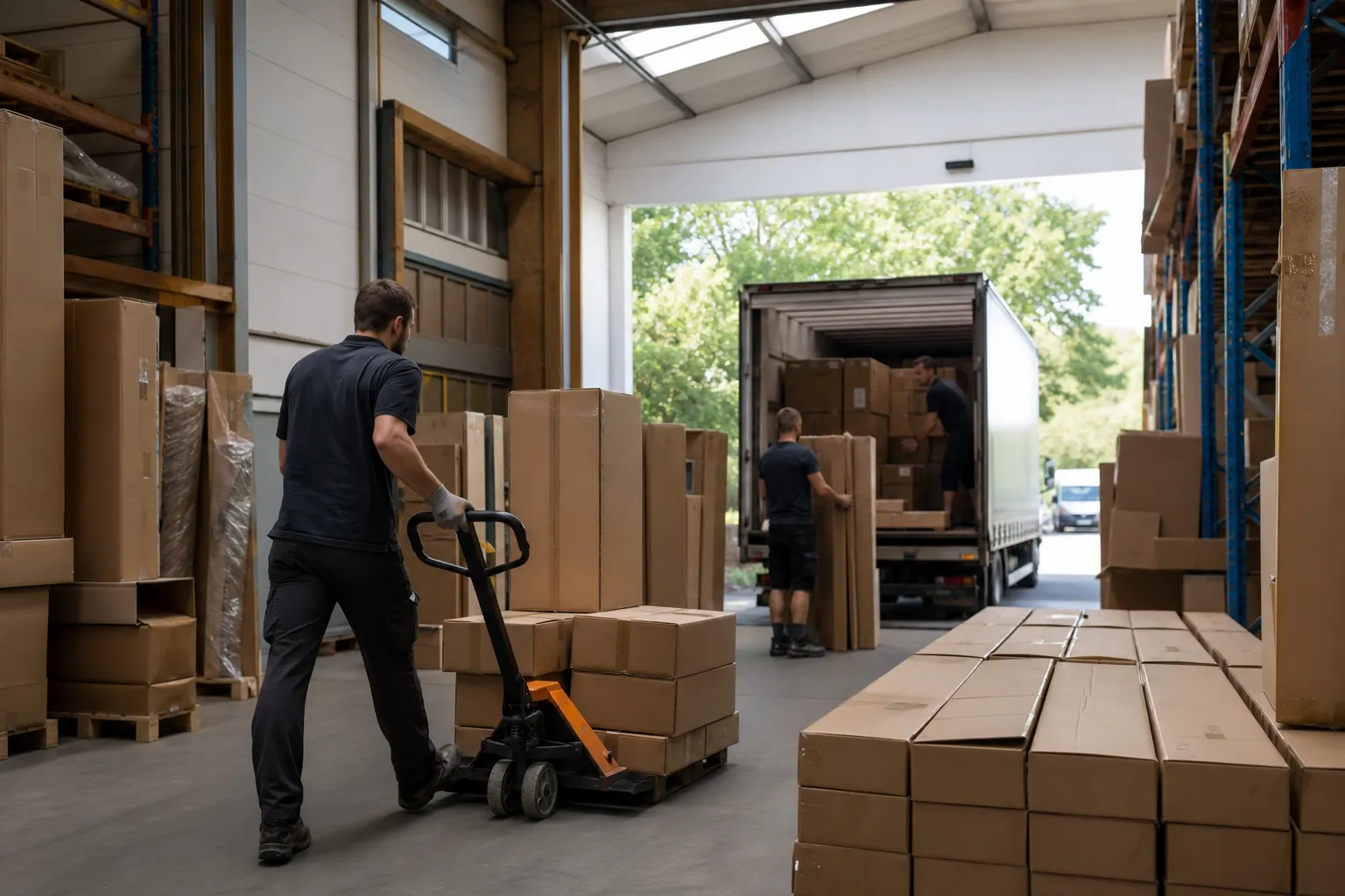 Entrepôt de stockage avec des employés chargeant des boîtes dans un camion.