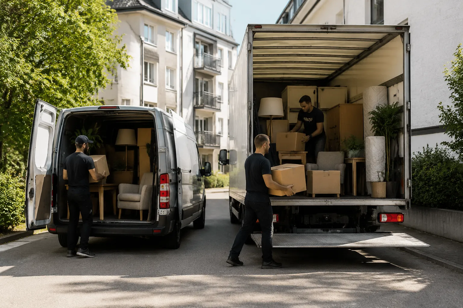 Déménagement de meubles et de boîtes dans un camion de livraison.