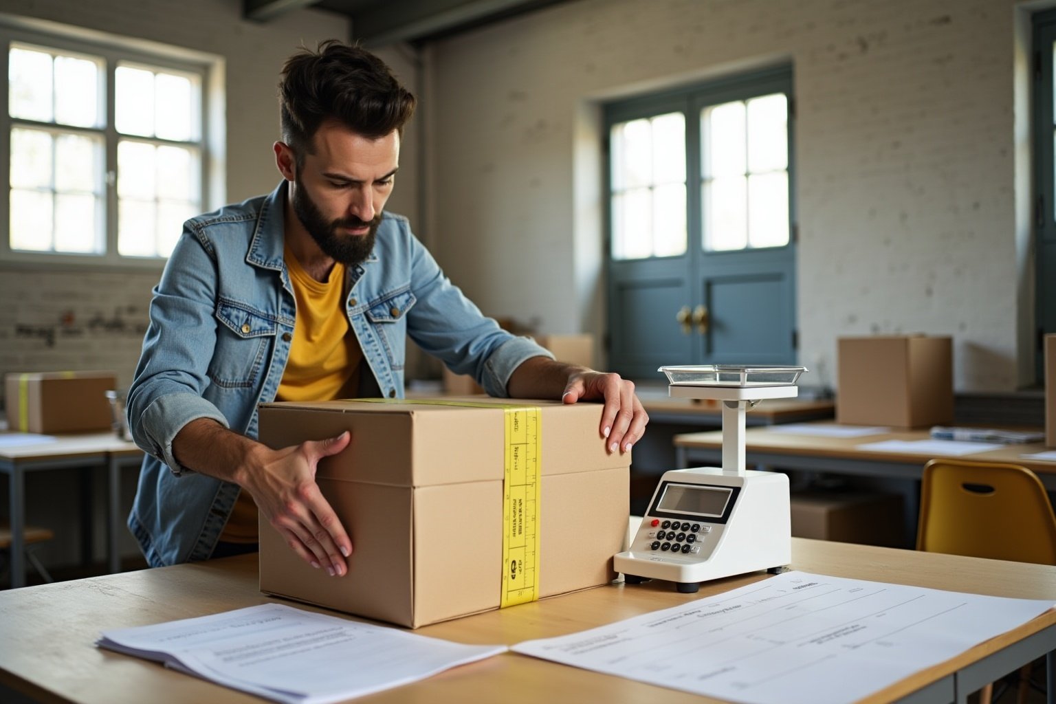 Homme barbu dans un bureau, emballant un colis avec une balance électronique.